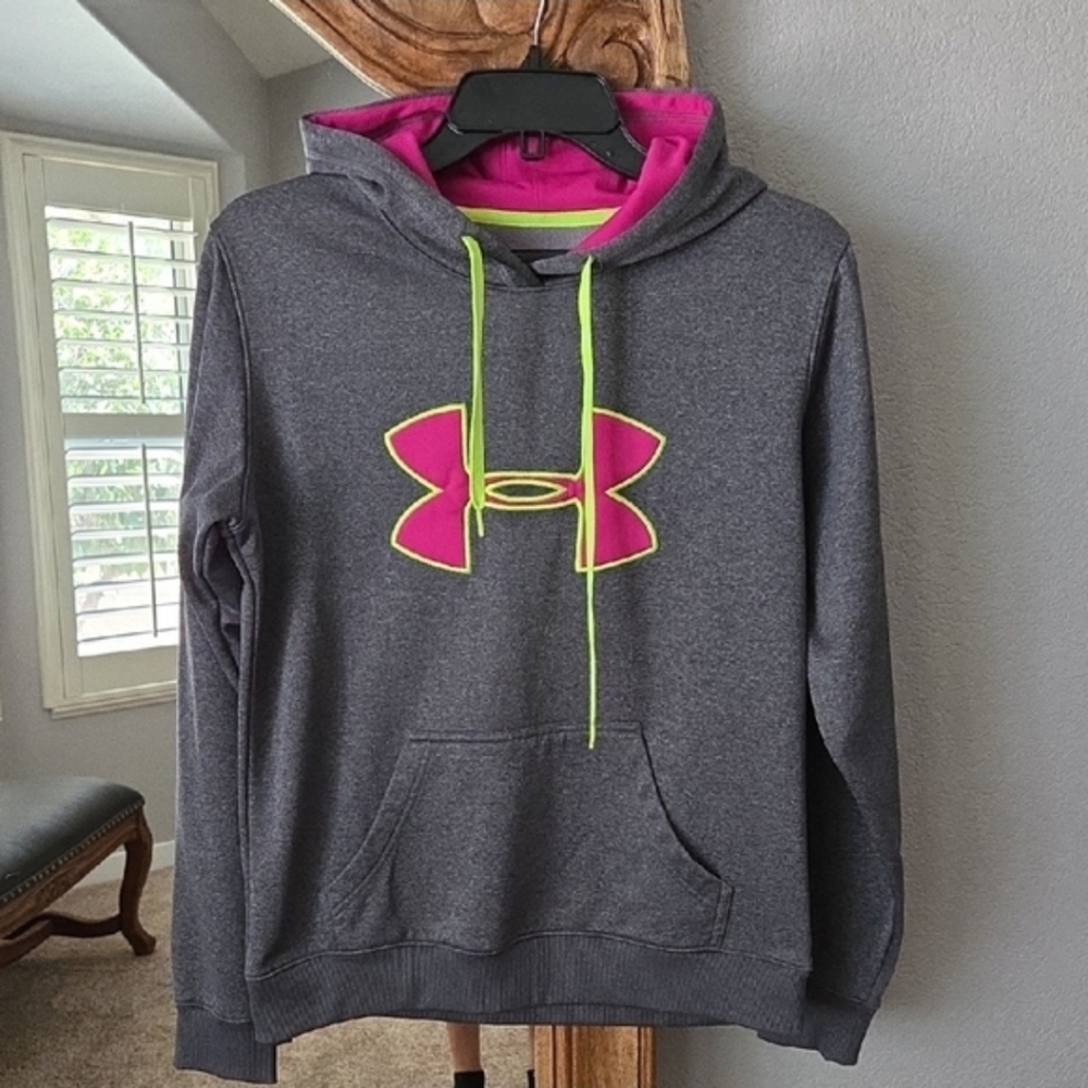 Under Armour Gray Hoodie with Pink Logo and Neon Accents